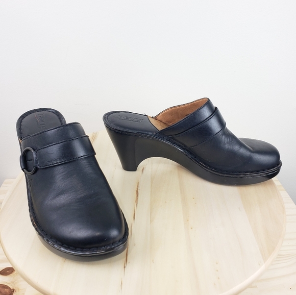 Born Clogs Mules Size 9 Black Leather Wedge Heel Mules Comfort Casual Bohemian - Picture 7 of 13